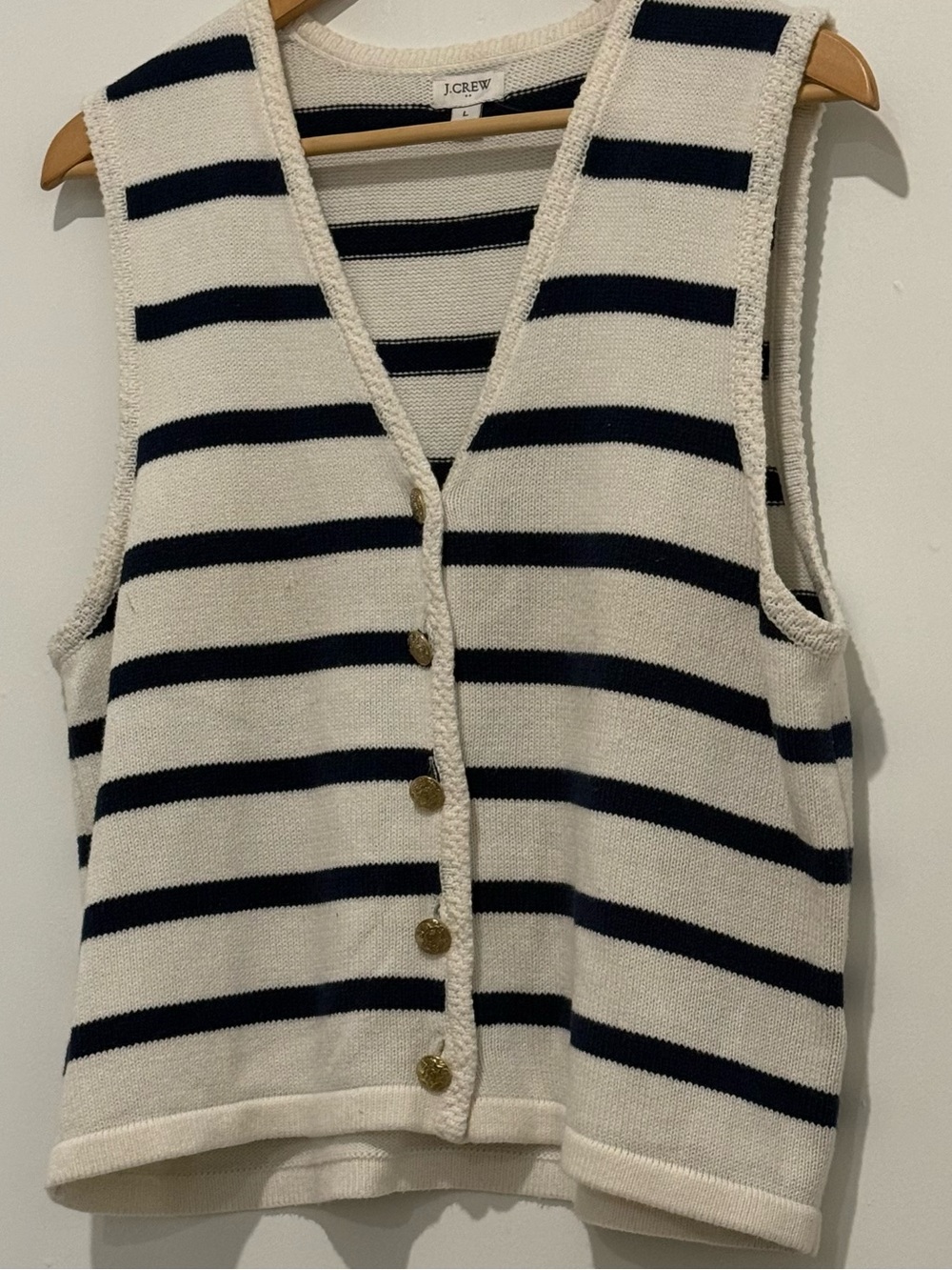 J.Crew Navy & Ivory Striped Gold Button Sweater Vest – Size Large